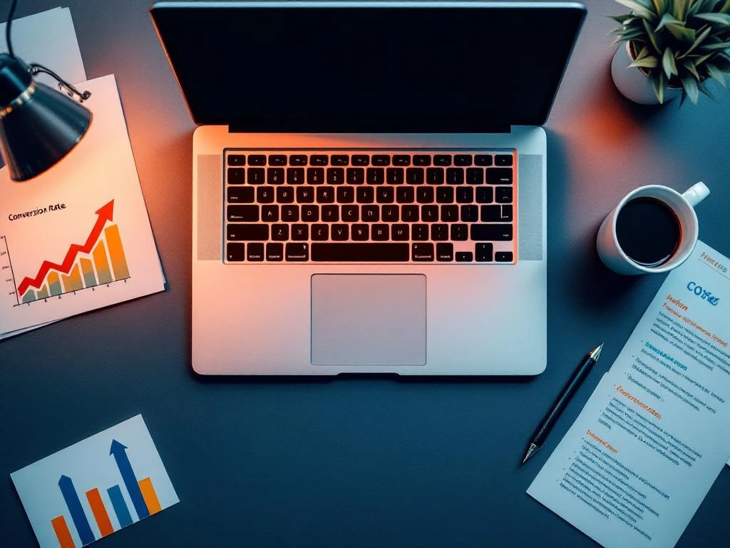 Bovenaanzicht van laptop met lege document omringd door marketinggrafieken, notities en koffiekop op georganiseerd bureau