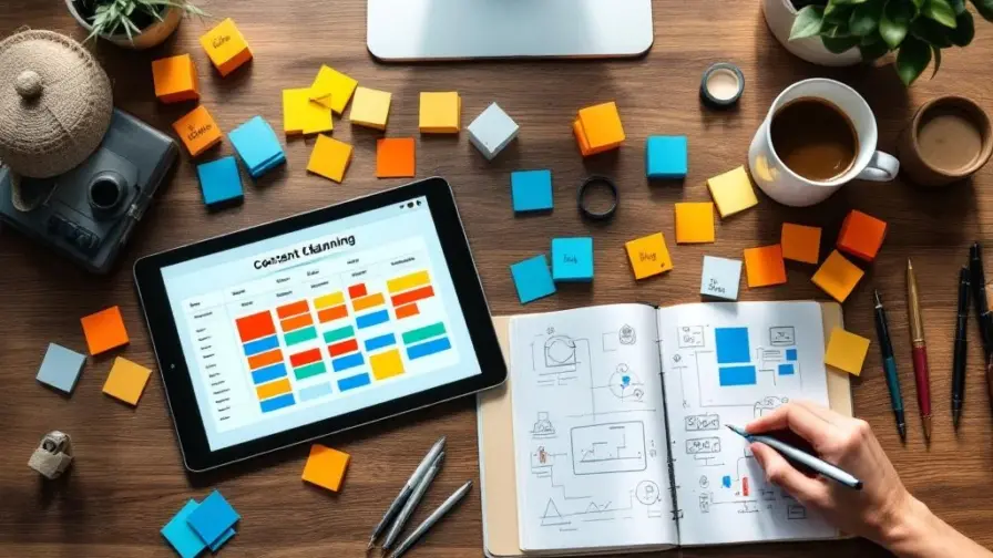 Bovenaanzicht van modern bureau met tablet met contentkalender, sticky notes, koffie en strategiediagrammen in notitieboek