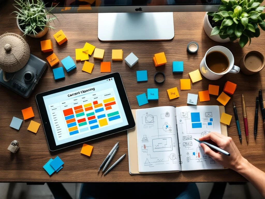 Bovenaanzicht van modern bureau met tablet met contentkalender, sticky notes, koffie en strategiediagrammen in notitieboek