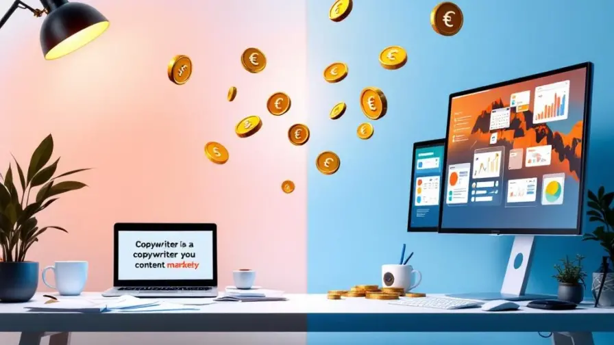 Split-screen vergelijking van copywriter en content marketeer werkplekken met gouden munten die salarissen symboliseren