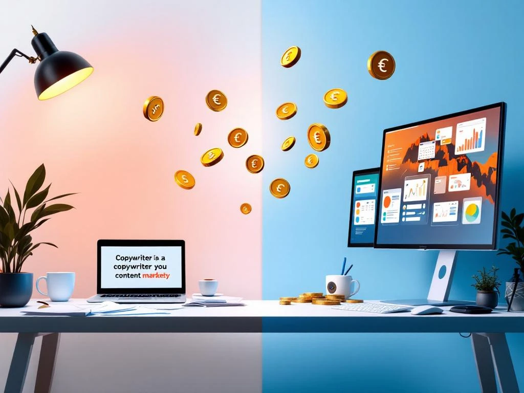 Split-screen vergelijking van copywriter en content marketeer werkplekken met gouden munten die salarissen symboliseren