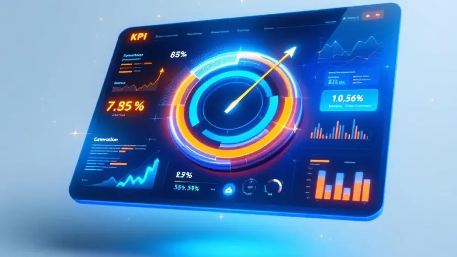 Moderne dashboard interface met 3D analytics grafieken, KPI-metrieken en prestatie-indicatoren in blauw en oranje