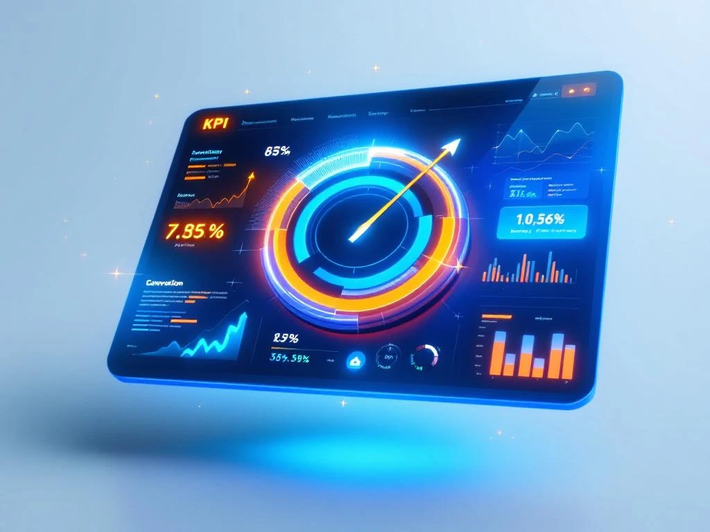 Moderne dashboard interface met 3D analytics grafieken, KPI-metrieken en prestatie-indicatoren in blauw en oranje