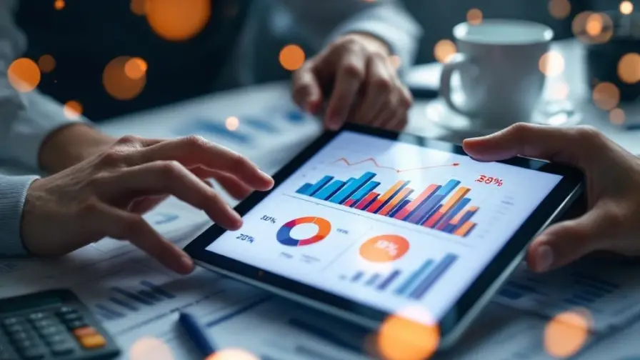 Handen analyseren kleurrijke datagrafieken op tablet met opwaartse trends, omgeven door rapporten en rekenmachine op bureau