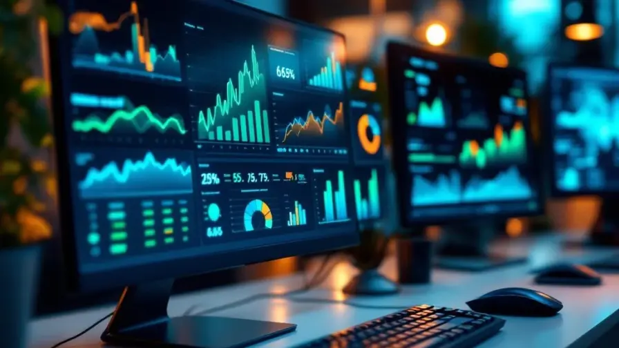 Moderne werkplek met meerdere computermonitors die kleurrijke analytics dashboards, grafieken en datavisualisaties tonen