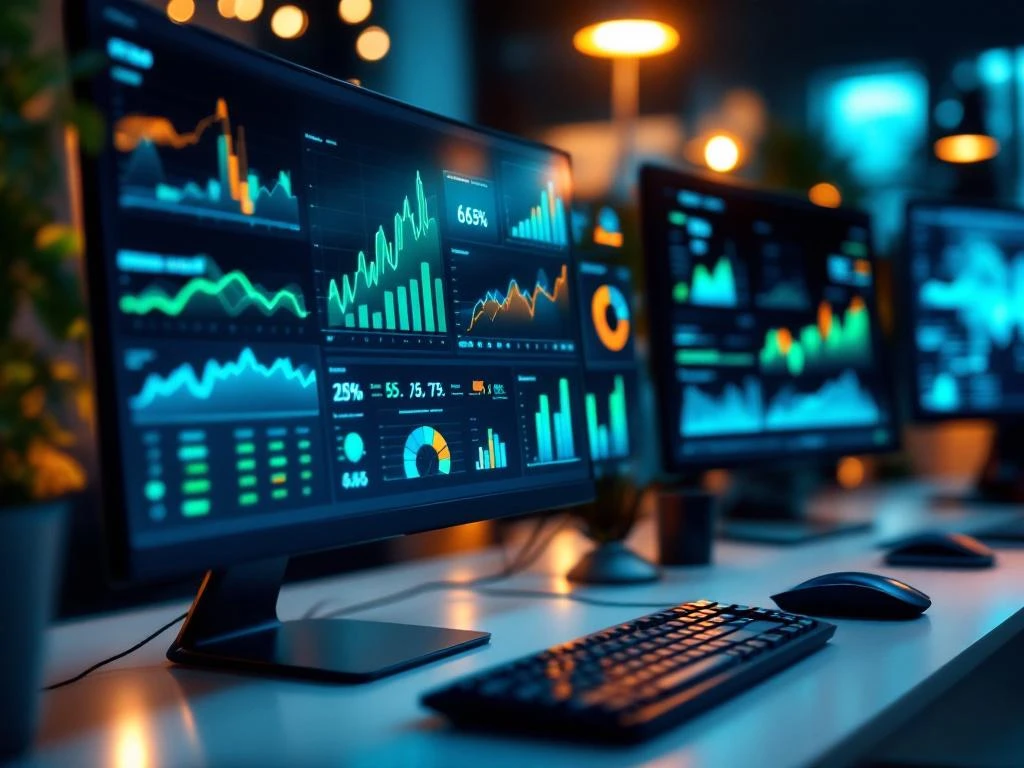 Moderne werkplek met meerdere computermonitors die kleurrijke analytics dashboards, grafieken en datavisualisaties tonen