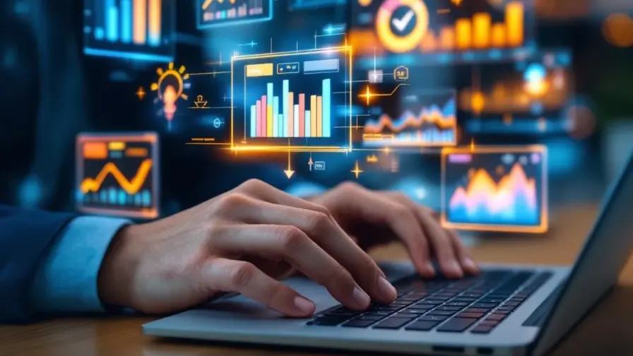 Handen typen op laptop met zwevende holografische datavisualisaties, grafieken en analytics dashboards in moderne kantooromgeving