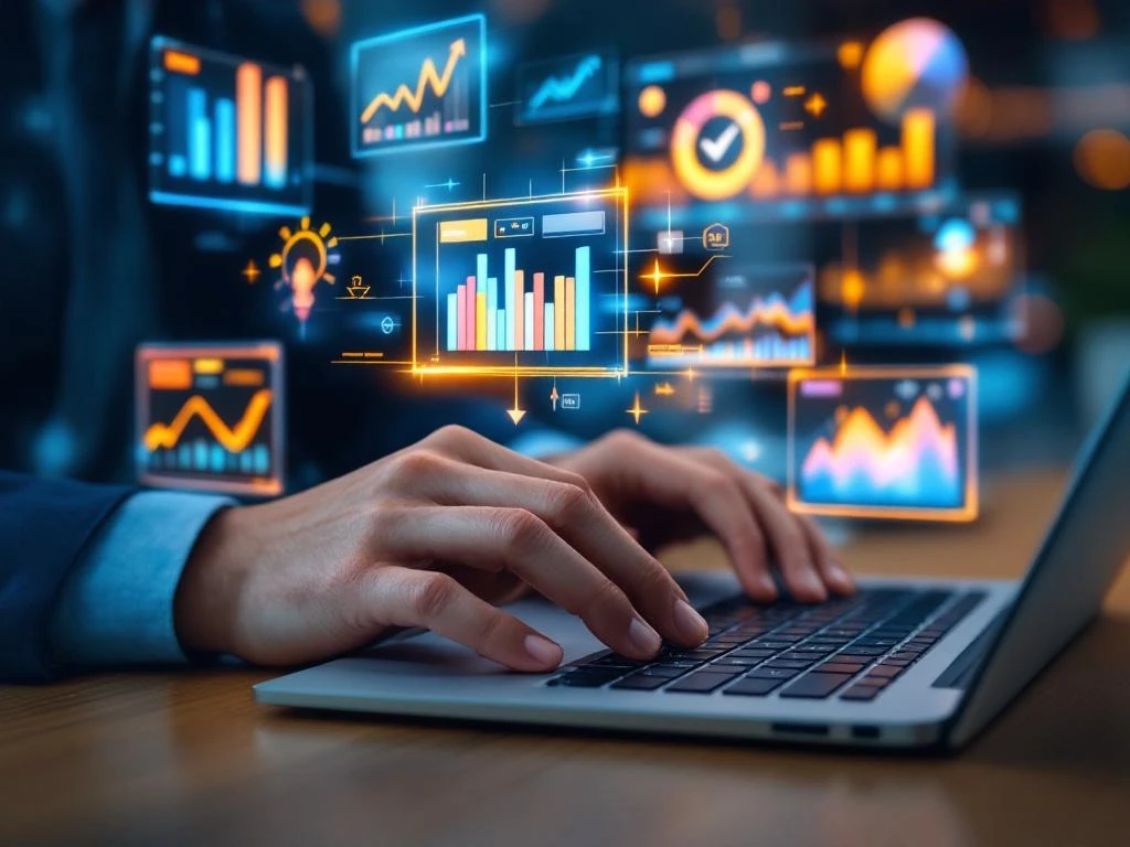 Handen typen op laptop met zwevende holografische datavisualisaties, grafieken en analytics dashboards in moderne kantooromgeving