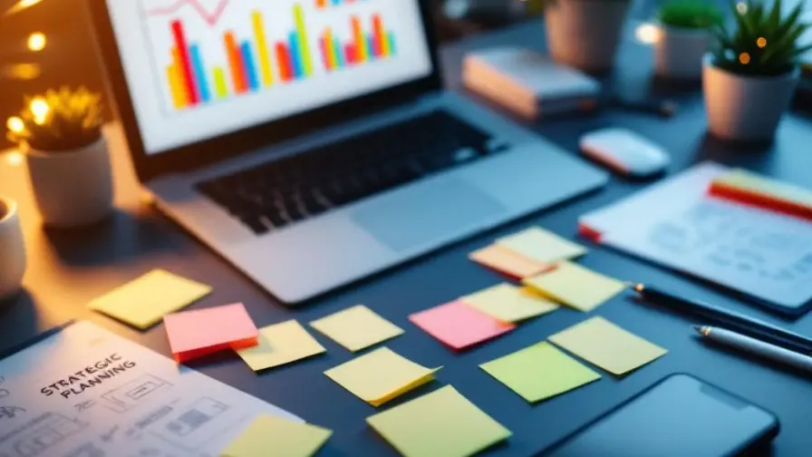 Moderne werkplek met laptop, analytics-grafieken, smartphone, strategische notities en professionele communicatietools