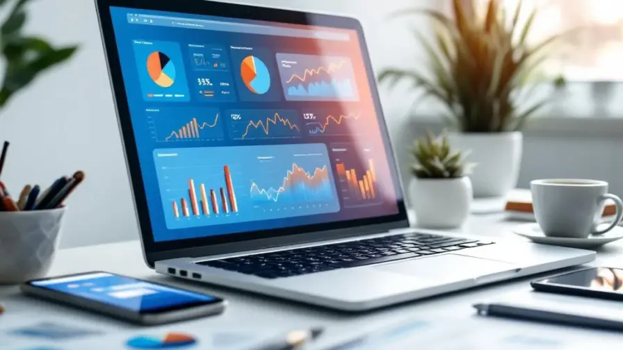 Laptop met digitale marketing dashboards en grafieken op wit bureau met smartphone, tablet en koffiekop