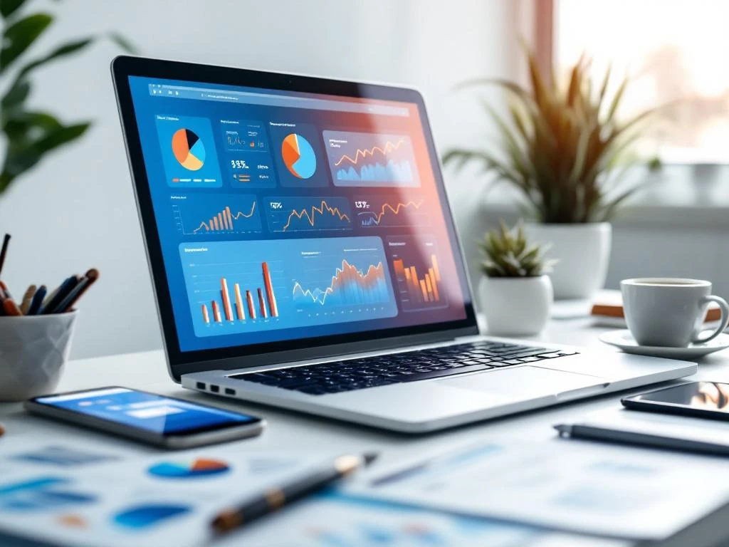 Laptop met digitale marketing dashboards en grafieken op wit bureau met smartphone, tablet en koffiekop