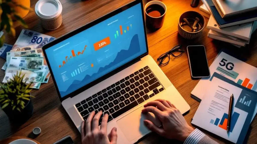 Laptop met kleurrijke analytics dashboards omringd door eurobiljetten, calculator en marketingdocumenten op professioneel bureau