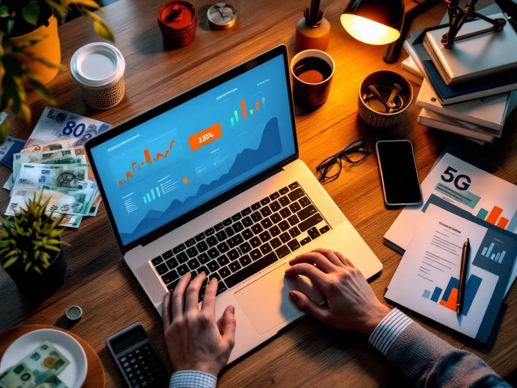 Laptop met kleurrijke analytics dashboards omringd door eurobiljetten, calculator en marketingdocumenten op professioneel bureau