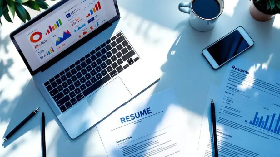 Bovenaanzicht van professionele werkplek met laptop met marketinganalytics, cv, smartphone en koffie op wit bureau