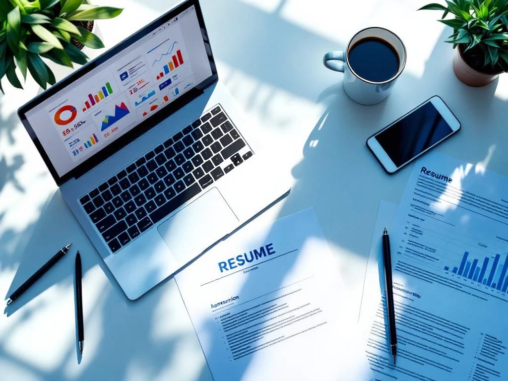 Bovenaanzicht van professionele werkplek met laptop met marketinganalytics, cv, smartphone en koffie op wit bureau