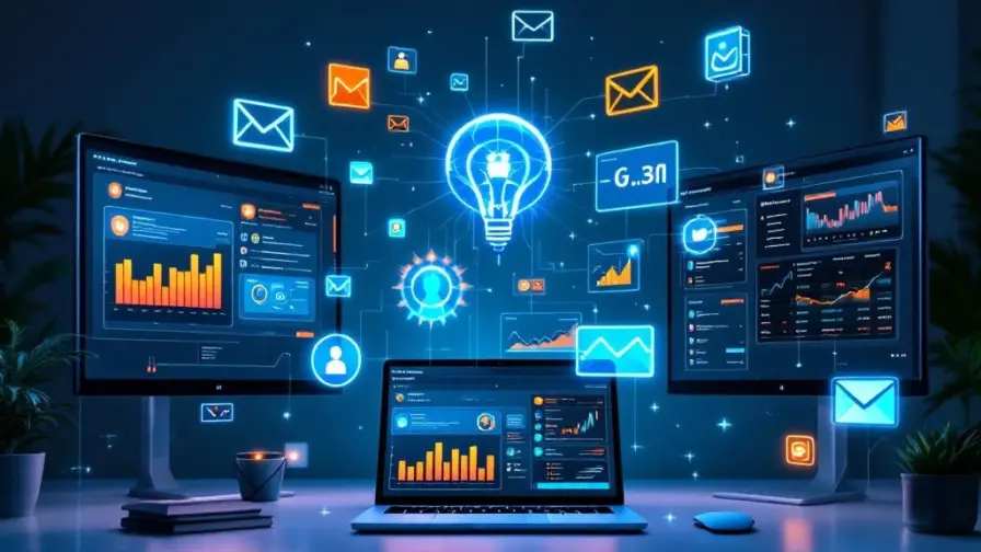 Moderne werkplek met laptop en meerdere schermen die kleurrijke analytics dashboards en digitale marketing tools tonen