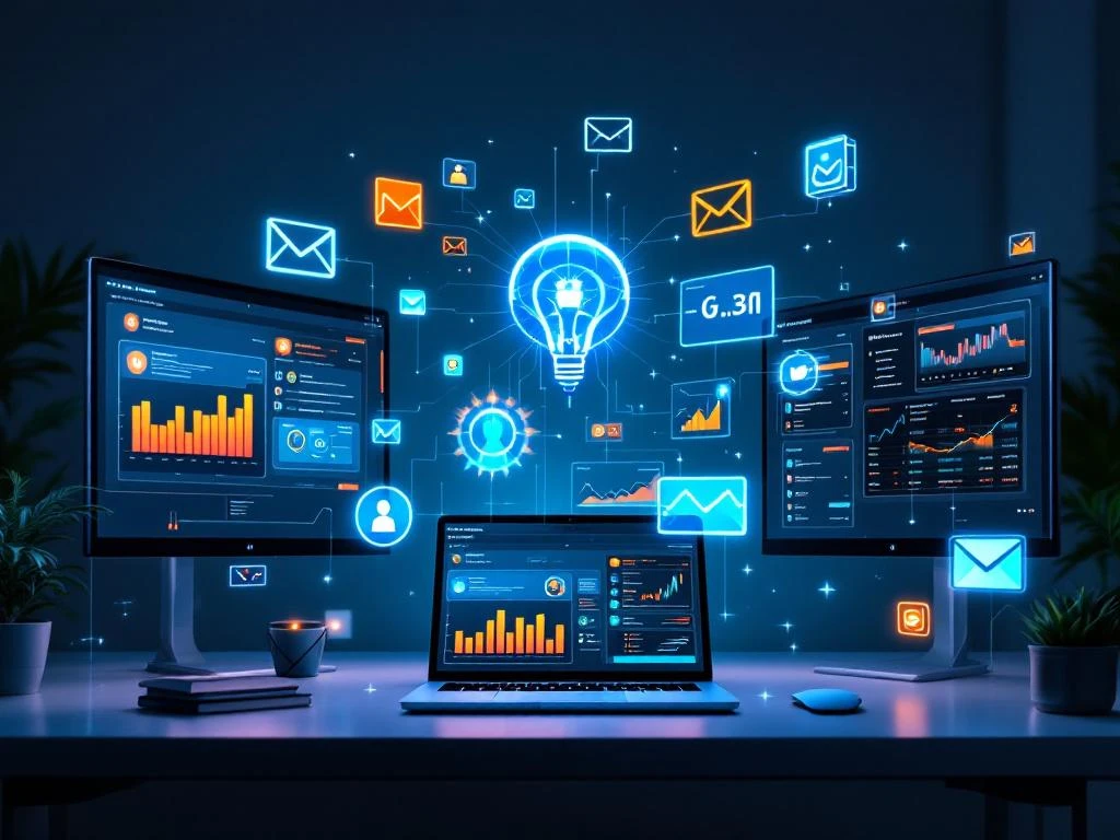 Moderne werkplek met laptop en meerdere schermen die kleurrijke analytics dashboards en digitale marketing tools tonen