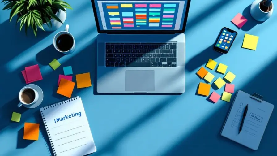 Bovenaanzicht van georganiseerde werkplek met laptop met digitale agenda, kleurrijke notities en smartphone voor marketing
