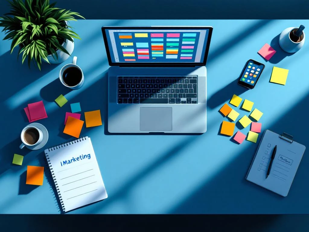 Bovenaanzicht van georganiseerde werkplek met laptop met digitale agenda, kleurrijke notities en smartphone voor marketing