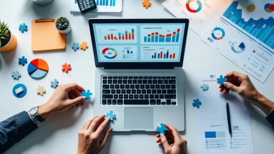 Moderne werkplek van bovenaf met laptop met analytics dashboards, marketingplannen en handen die digitale marketing puzzelstukjes rangschikken