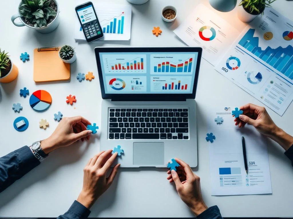 Moderne werkplek van bovenaf met laptop met analytics dashboards, marketingplannen en handen die digitale marketing puzzelstukjes rangschikken
