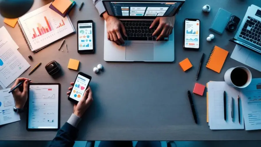 Professionele werkplek van bovenaf met smartphones, laptop met analytics, tablet en marketingdocumenten in blauw-wit