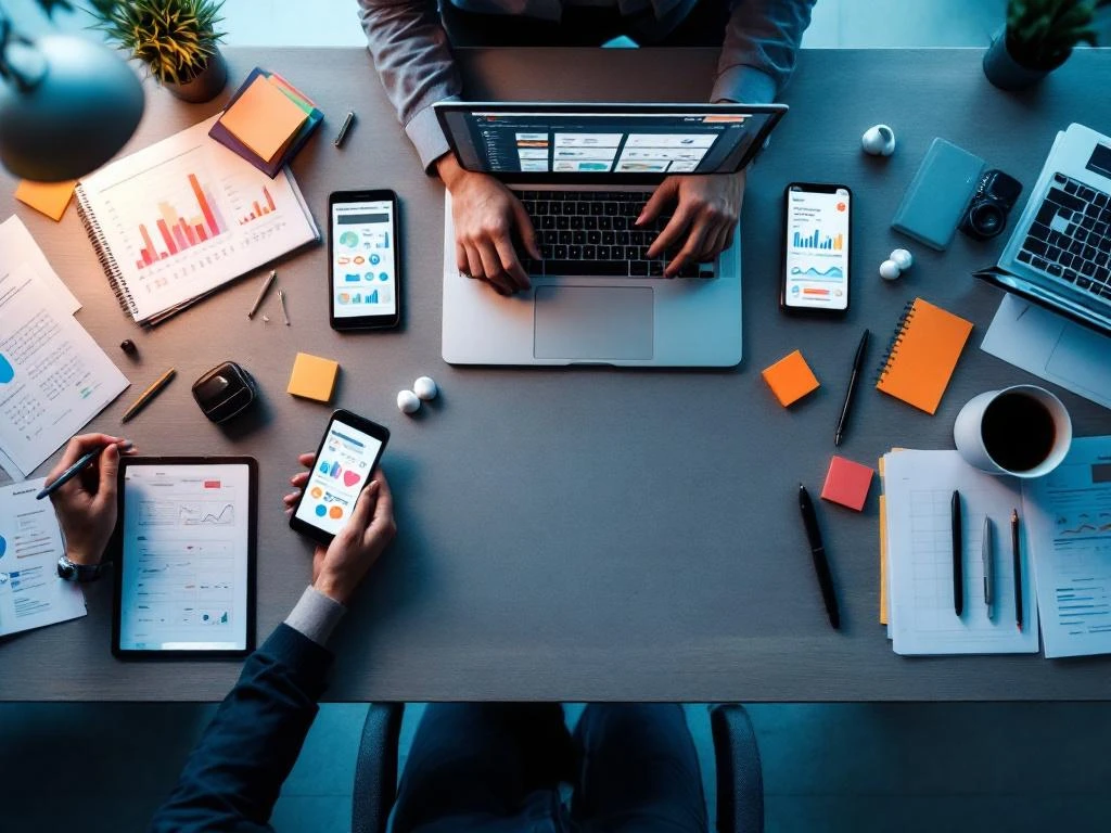 Professionele werkplek van bovenaf met smartphones, laptop met analytics, tablet en marketingdocumenten in blauw-wit