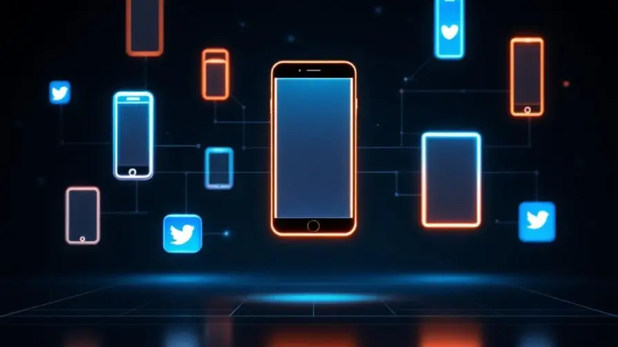 Zwevende smartphones en tablets met social media apps boven moderne werkruimte, verbonden door digitale netwerklijnen