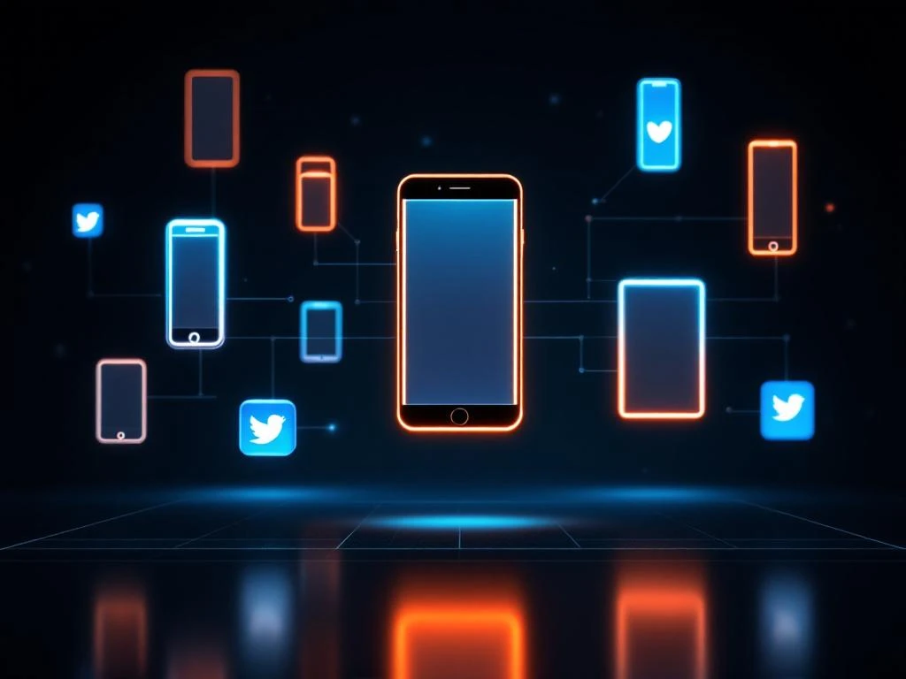 Zwevende smartphones en tablets met social media apps boven moderne werkruimte, verbonden door digitale netwerklijnen