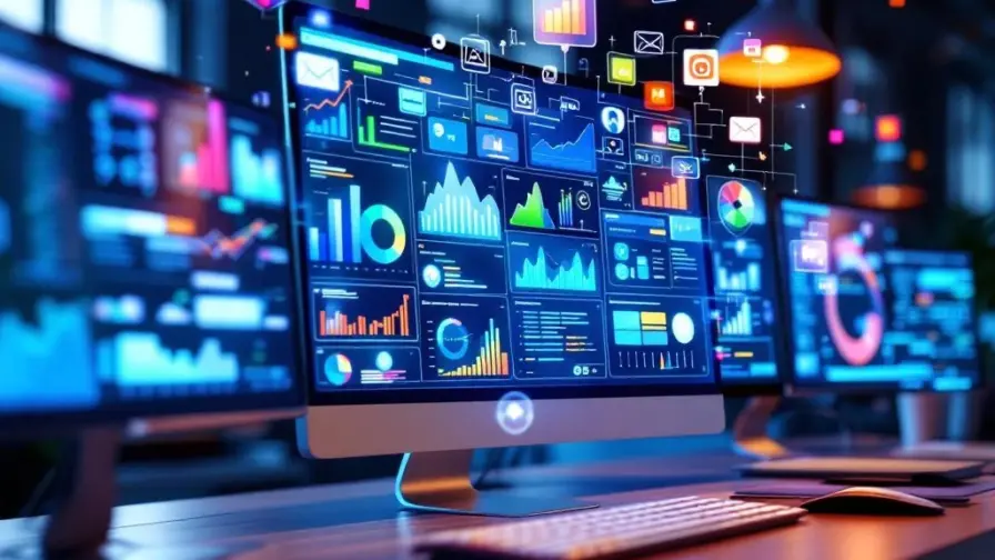 Moderne werkplek met gloeiende computerschermen die analytics dashboards en marketing automation workflows tonen