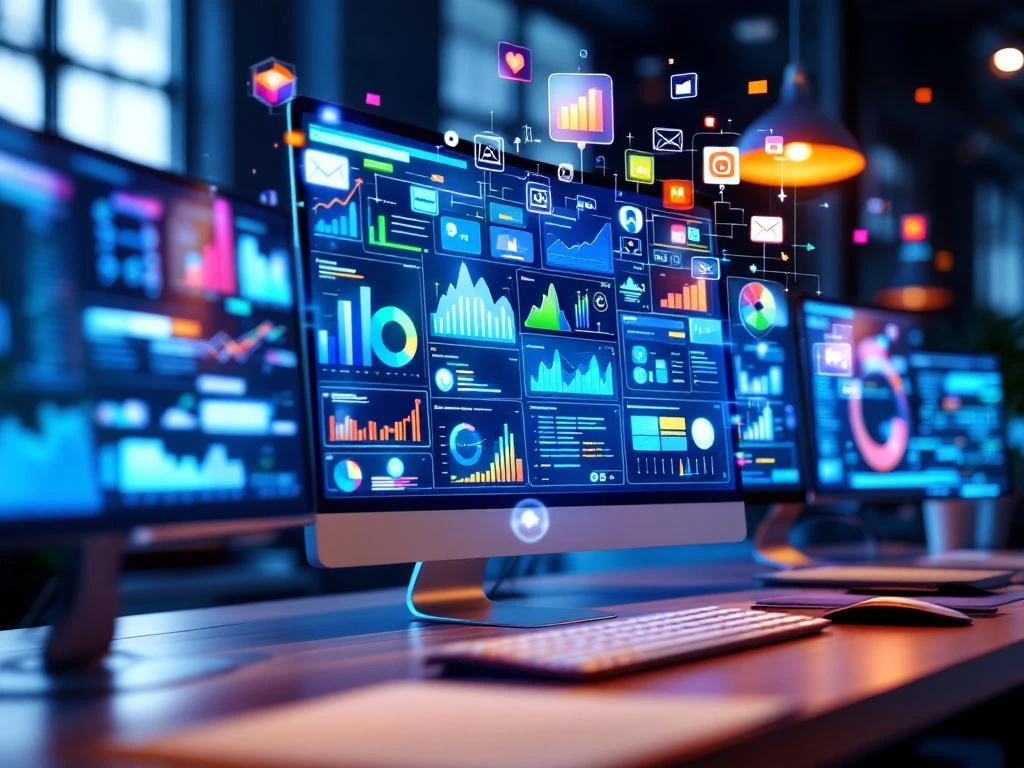 Moderne werkplek met gloeiende computerschermen die analytics dashboards en marketing automation workflows tonen
