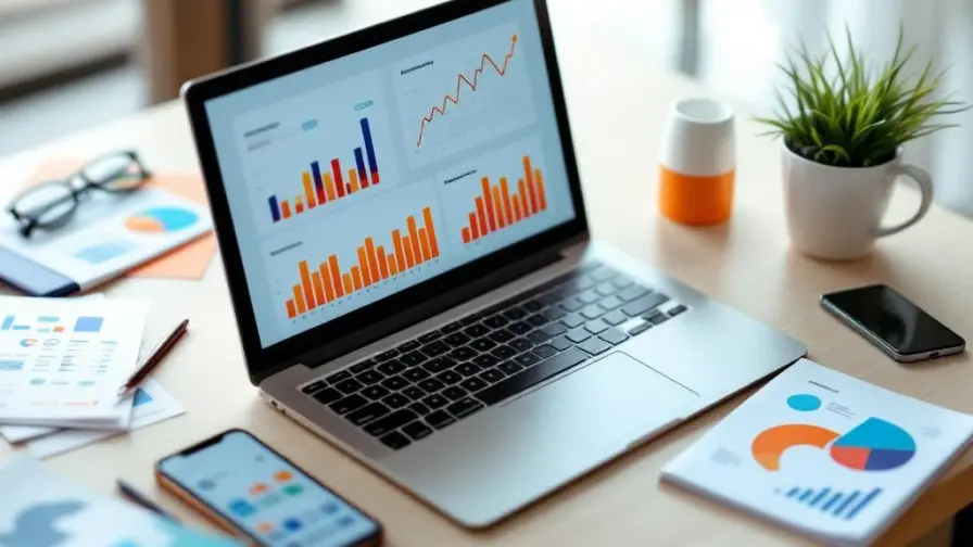 Laptop toont digitale marketing analytics dashboards omringd door smartphone, campagnemateriaal en koffiekop op bureau