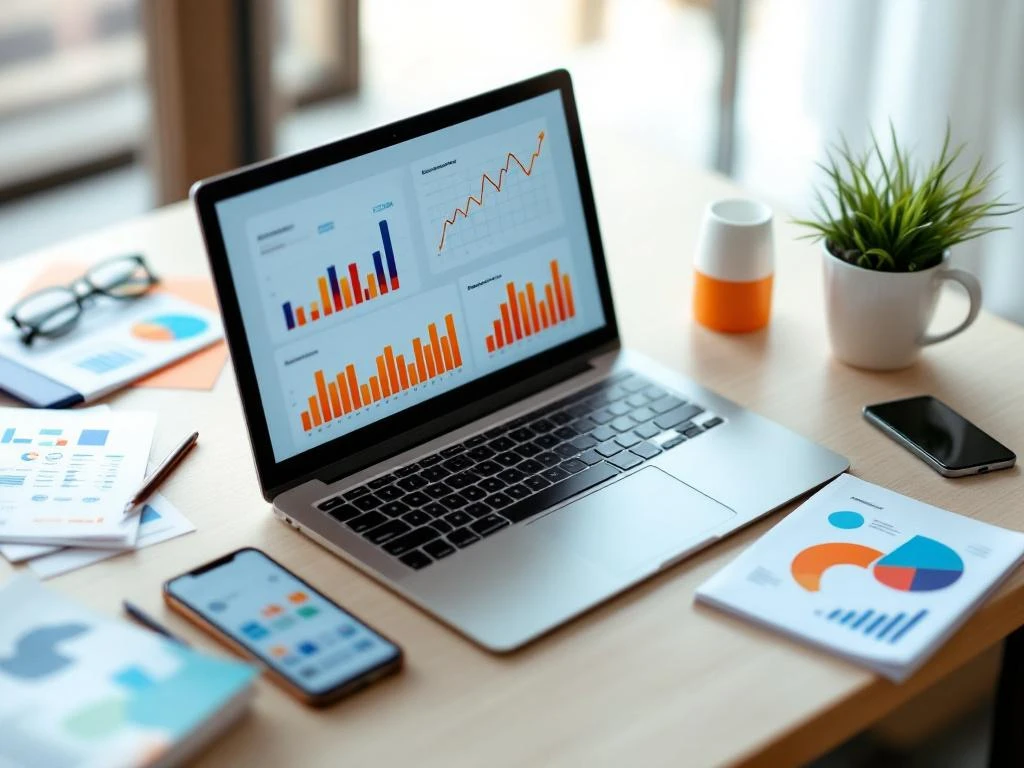 Laptop toont digitale marketing analytics dashboards omringd door smartphone, campagnemateriaal en koffiekop op bureau