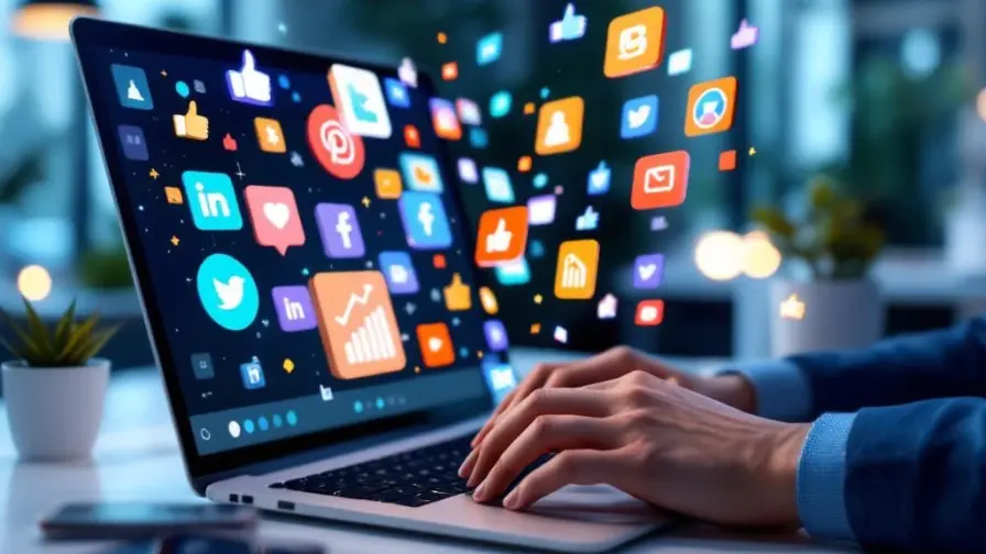 Moderne werkplek met laptop en 3D sociale media iconen, handen typen op toetsenbord, smartphone met notificaties