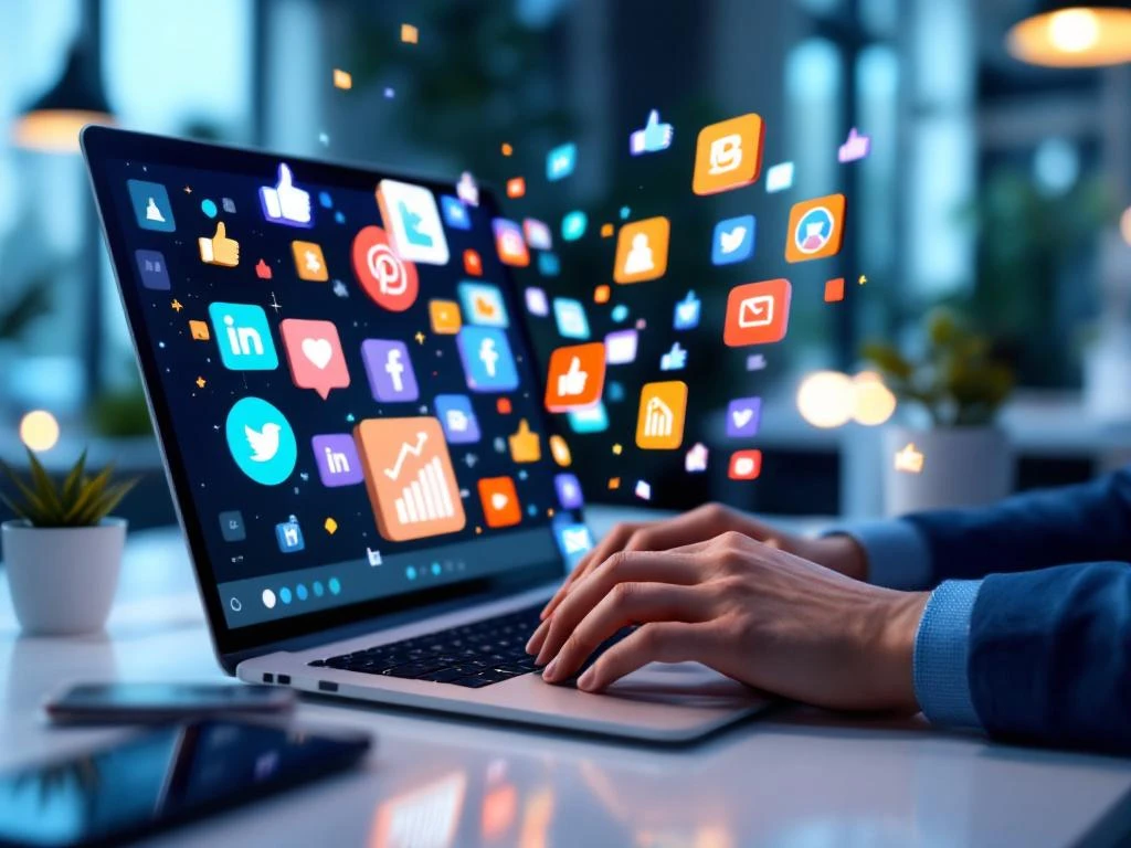 Moderne werkplek met laptop en 3D sociale media iconen, handen typen op toetsenbord, smartphone met notificaties
