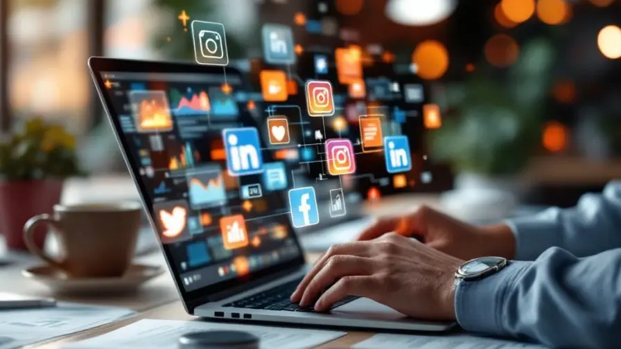 Handen typen op laptop met holografische sociale media iconen en analytics grafieken in moderne kantooromgeving