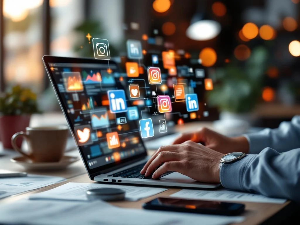 Handen typen op laptop met holografische sociale media iconen en analytics grafieken in moderne kantooromgeving