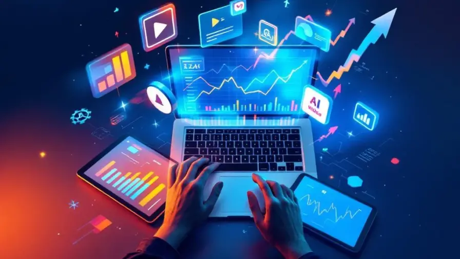 Digitale marketingwerkruimte met laptop, tablet en smartphone die analytics grafieken en stijgende trends tonen