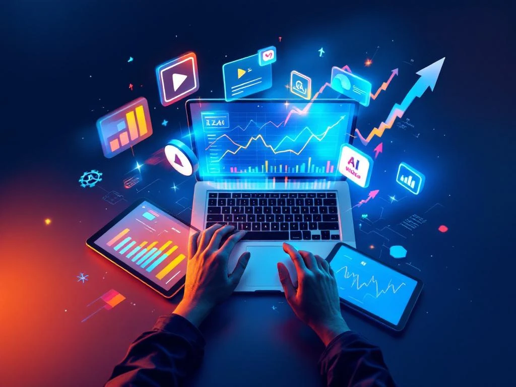 Digitale marketingwerkruimte met laptop, tablet en smartphone die analytics grafieken en stijgende trends tonen
