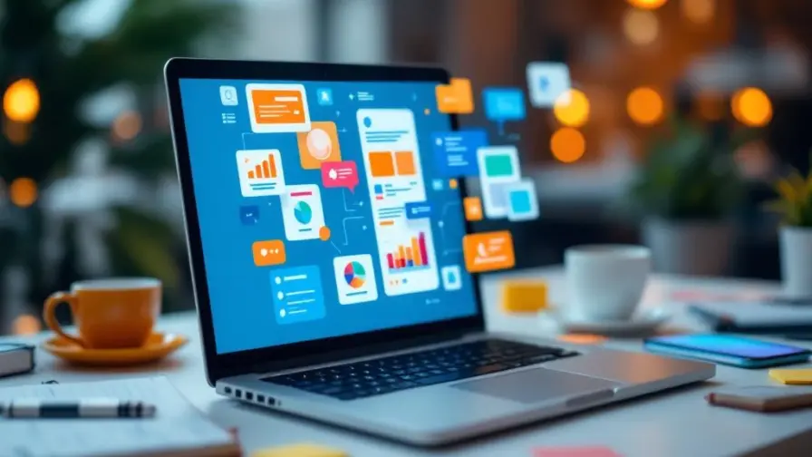 Moderne laptop op wit bureau met digitale marketingtools, notitieboekjes, smartphone en koffiekop in professionele werkruimte
