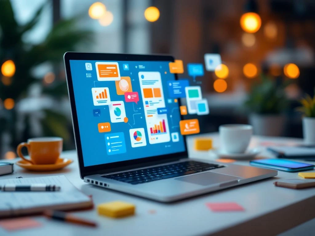 Moderne laptop op wit bureau met digitale marketingtools, notitieboekjes, smartphone en koffiekop in professionele werkruimte