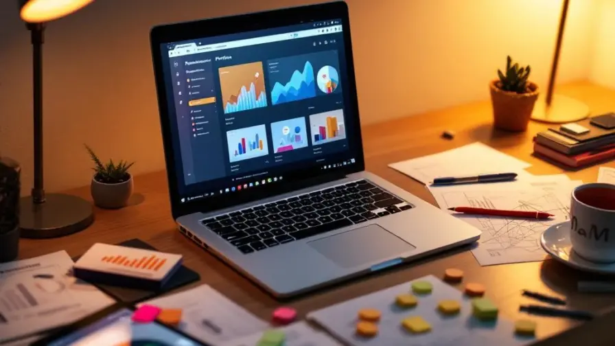 Laptop met digitale portfolio-interface op moderne werkplek met marketingmaterialen, schetsen en analytics tablet