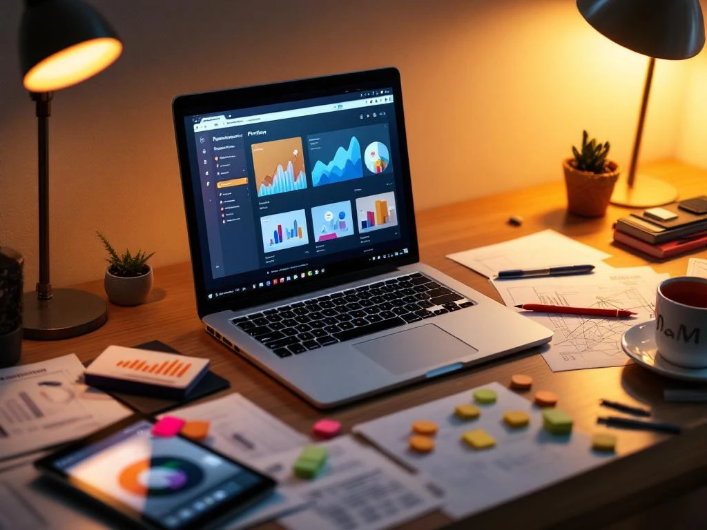 Laptop met digitale portfolio-interface op moderne werkplek met marketingmaterialen, schetsen en analytics tablet