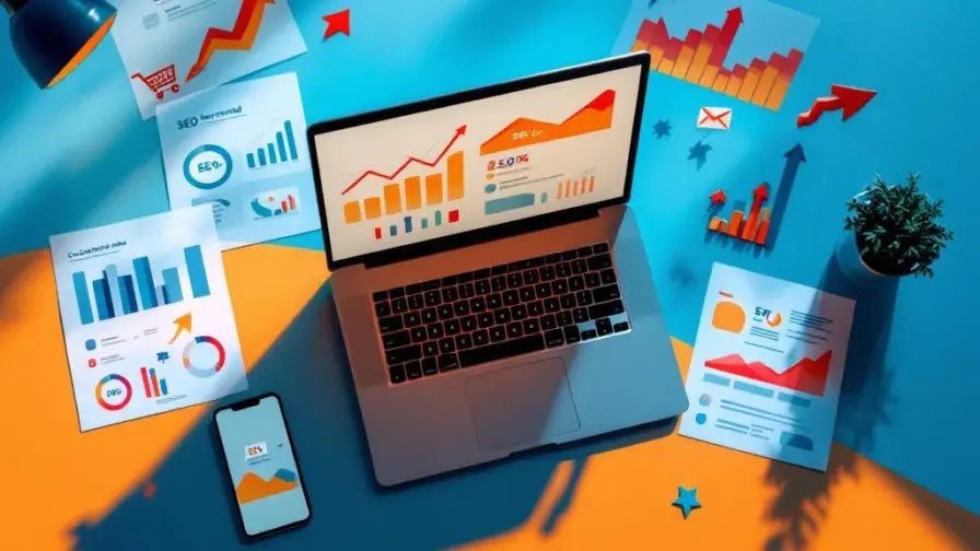 Moderne werkplek met laptop met e-commerce analytics, smartphone, SEO-grafieken en marketingmaterialen van bovenaf gezien