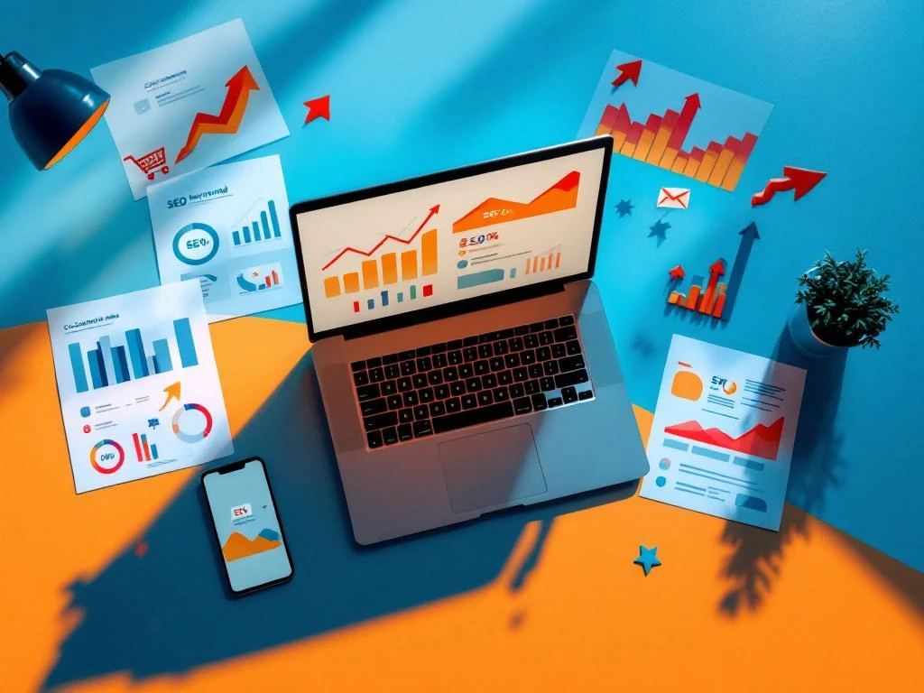 Moderne werkplek met laptop met e-commerce analytics, smartphone, SEO-grafieken en marketingmaterialen van bovenaf gezien
