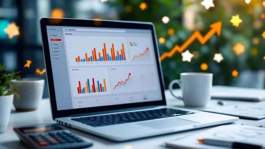 Laptop met Google Ads dashboard en analytics grafieken op bureau met calculator, koffie en marketingnotities