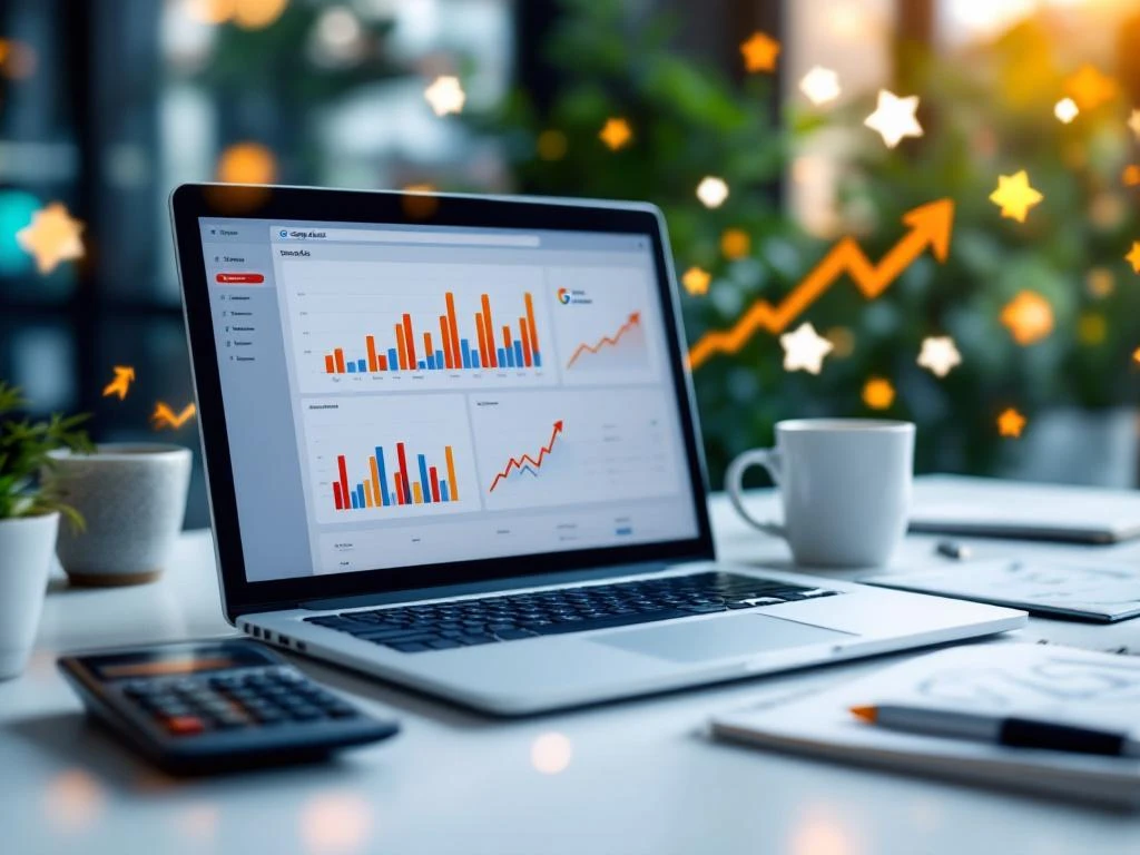 Laptop met Google Ads dashboard en analytics grafieken op bureau met calculator, koffie en marketingnotities