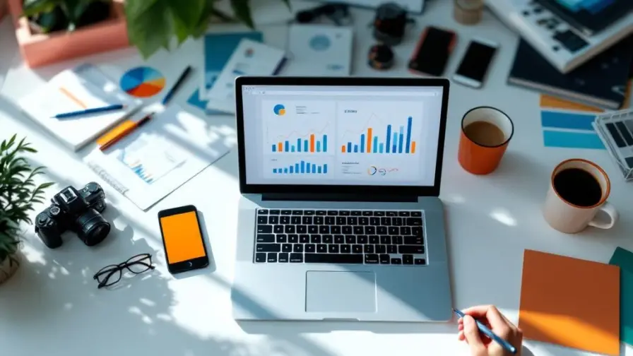 Moderne werkplek met laptop met analytics grafieken, camera, smartphone en creatieve tools op wit bureau