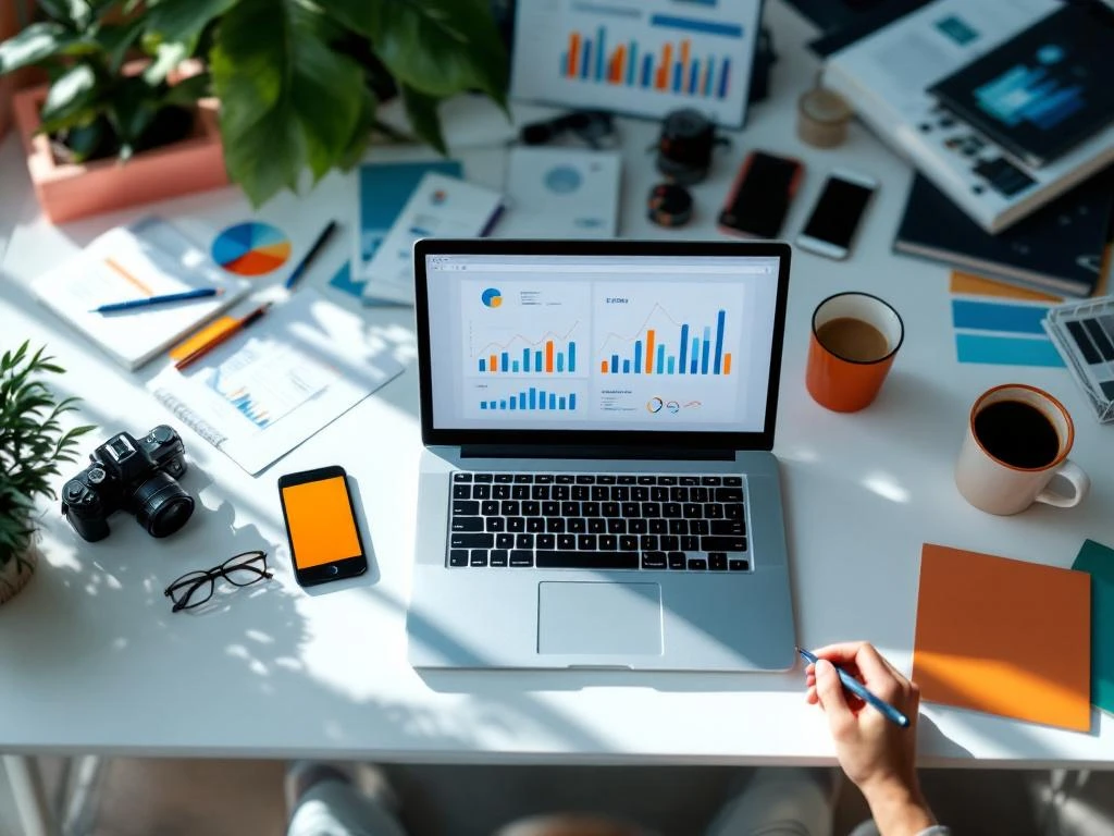 Moderne werkplek met laptop met analytics grafieken, camera, smartphone en creatieve tools op wit bureau