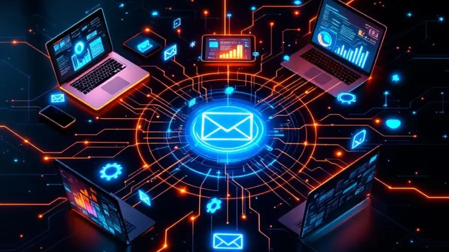 Moderne werkruimte met onderling verbonden apparaten die geautomatiseerde datastromen en workflows tonen in blauw en oranje
